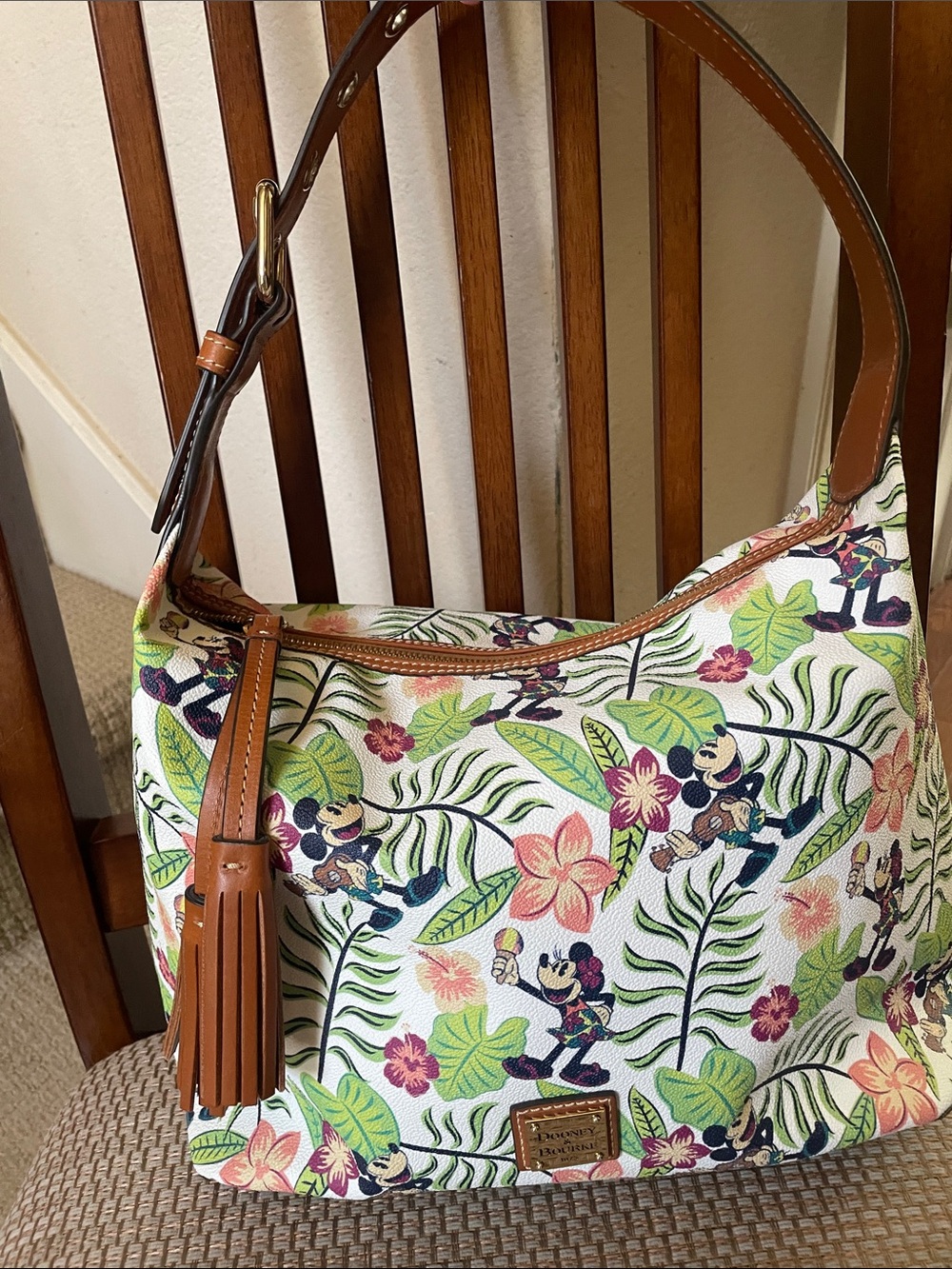 Dooney & Bourke White Canvas Tropical Floral Mickey Shoulder Bag with Tan Trim